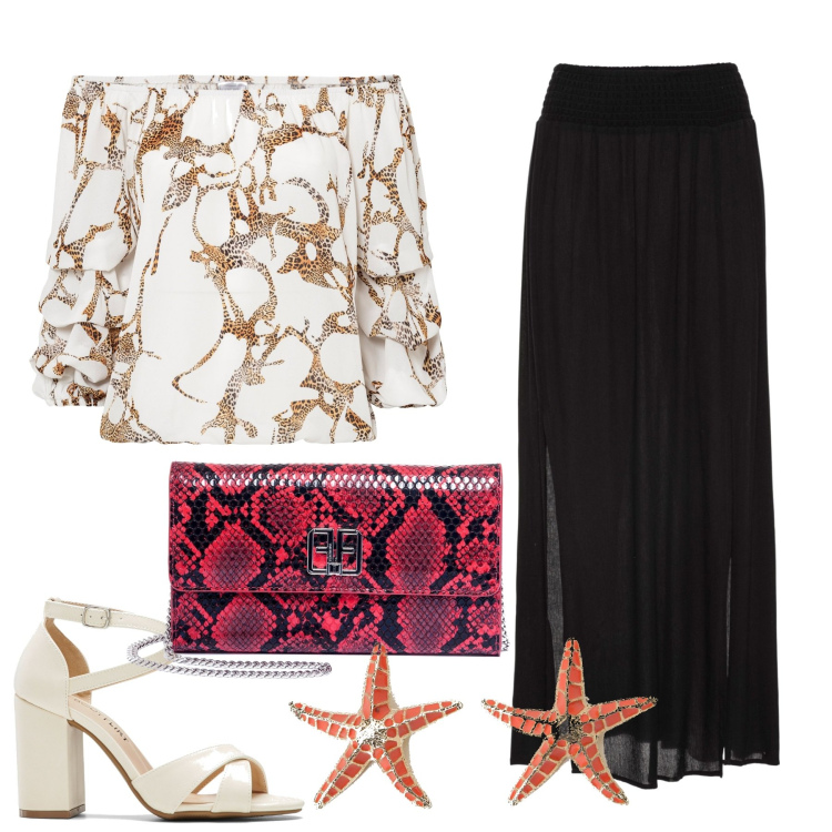 Outfit donna - Una sera di giugno. Stile Chic per Serata fuori. Abbinamento con gonne lunghe, bluse, sandali col tacco, pochette, orecchini.