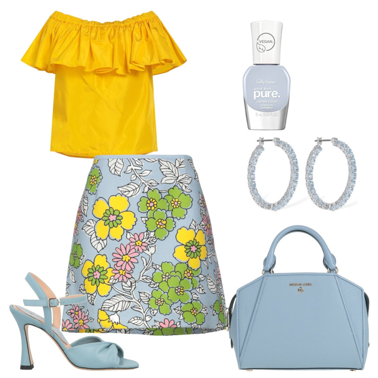 Outfit donna - Vivace e colorata. Stile Trendy per Serata fuori. Abbinamento con minigonne, top, sandali in pelle, borse a mano, orecchini, smalti.