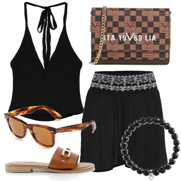 Outfit donna - Comode ma chic. Stile Casual chic per Mare. Abbinamento con shorts, borse a tracolla, top, sandali, braccialetti, occhiali da sole.