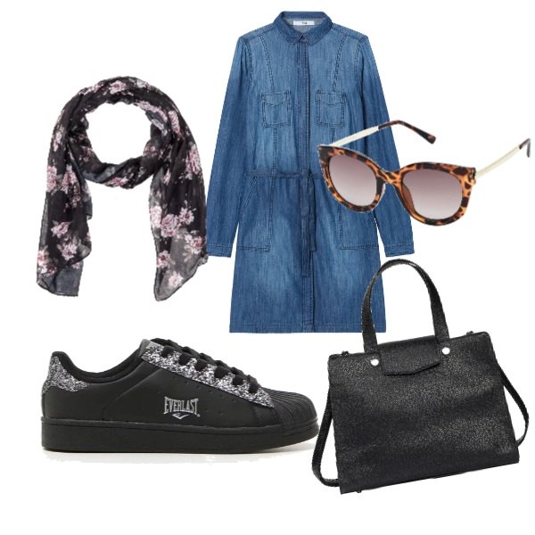 Outfit donna - Trendy #21399. Stile Trendy per Scuola/Università. Abbinamento con reggiseni, borsa a tracolla nero, occhiali da sole lenti sfumate in montatura in metallo, vestito, sneakers nero.