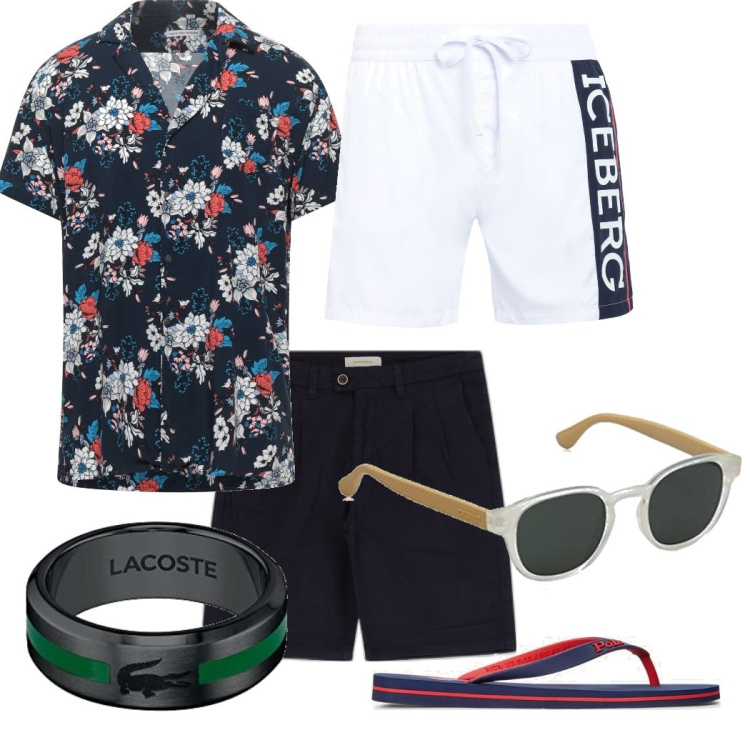 Outfit uomo - Panarea. Stile Casual per Mare. Abbinamento con shorts, sandali, camicie a manica corta, costumi, occhiali da sole, anelli.