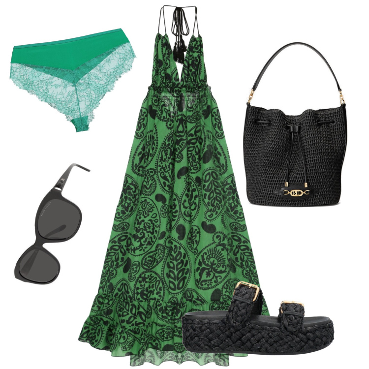 Outfit donna - Etnica. Stile Etnico per Mare. Abbinamento con slip, espadrillas, vestiti lunghi, occhiali da sole, borse a secchiello.