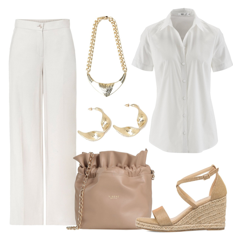 Outfit donna - White e beige. Stile Minimal per Tutti i giorni. Abbinamento con camicie a manica corta, pantaloni a palazzo, borse a tracolla, orecchini, collane, sandali col tacco.