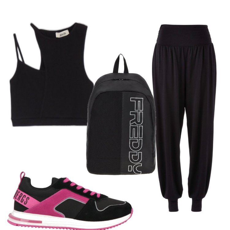 Outfit donna - Total look #1656302. Stile Basic per Sport. Abbinamento con pantaloni sportivi, sneakers, zaini, top.