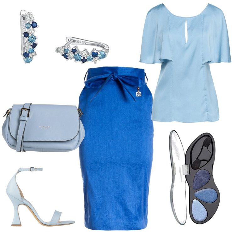 Outfit donna - La gonna bluette. Stile Chic per Serata fuori. Abbinamento con bluse, sandali in pelle, borse a tracolla, gonne, orecchini, ombretti.