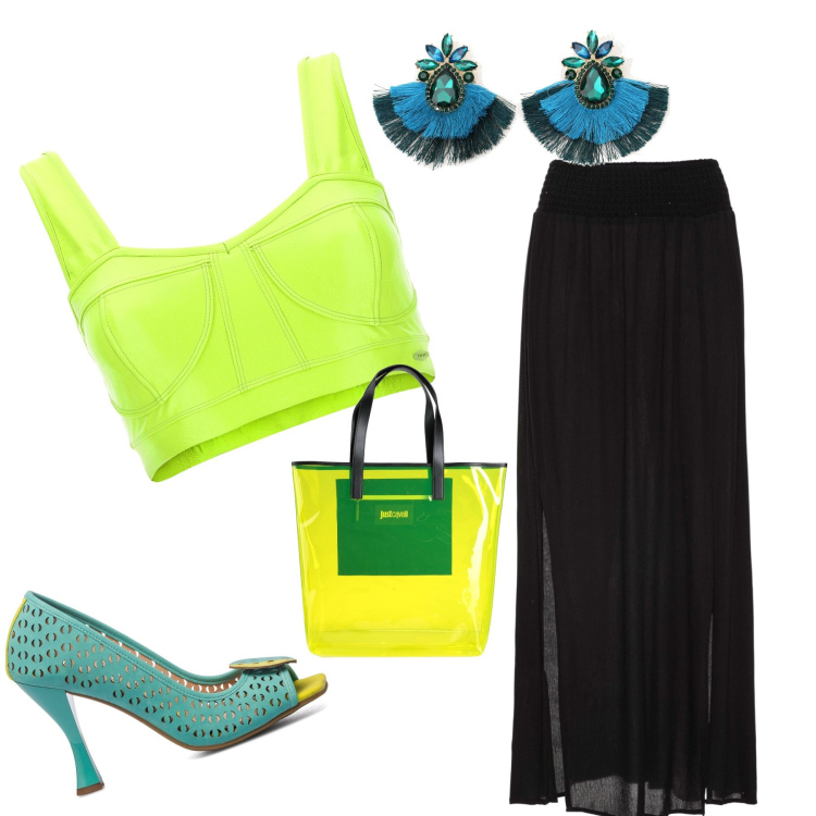 Outfit donna - Total look #1656353. Stile Casual chic per Serata fuori. Abbinamento con gonne lunghe, borse a mano, top, orecchini, décolleté.