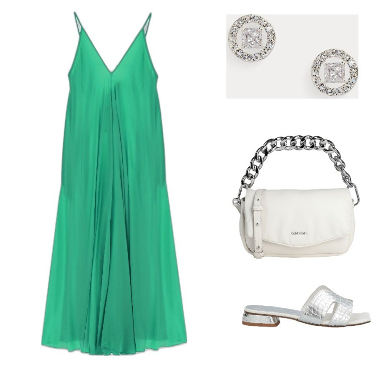 Outfit donna - Essenziale. Stile Minimal per Serata fuori. Abbinamento con borse a mano, sandali in pelle, vestiti lunghi, orecchini.