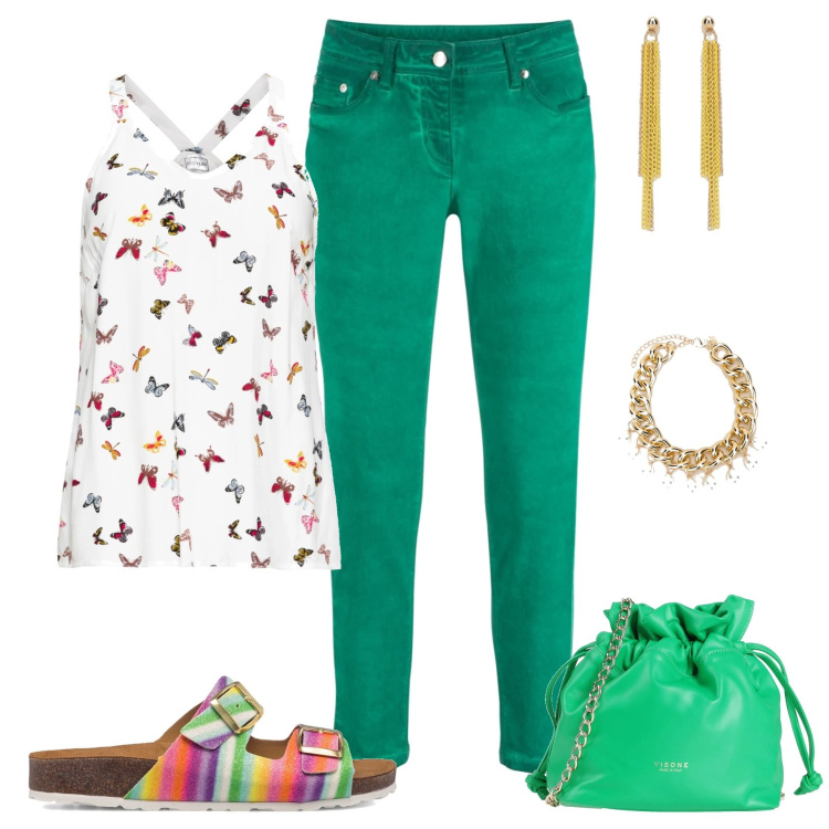 Outfit donna - Green. Stile Casual per Tutti i giorni. Abbinamento con top, pantaloni capri, borse a tracolla, braccialetti, orecchini, sandali in pelle.