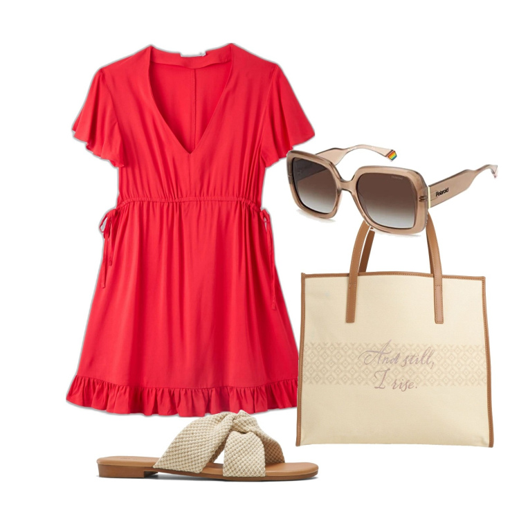 Outfit donna - Semplice in rosso. Stile Casual per Tutti i giorni. Abbinamento con ciabatte, borse a mano, vestiti, occhiali da sole.