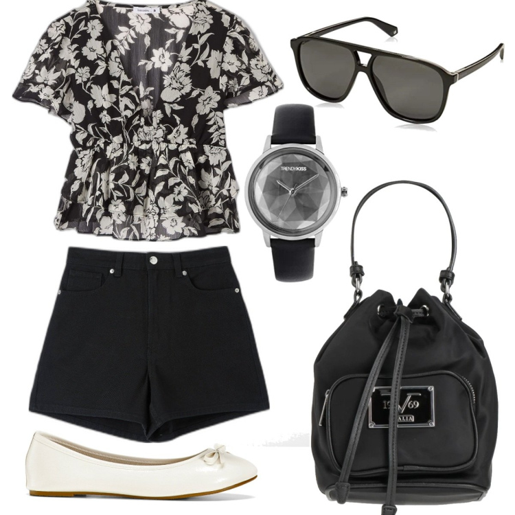 Outfit donna - Total look #1656466. Stile Basic per Tutti i giorni. Abbinamento con ballerine, borse a secchiello, bluse, shorts, orologi, occhiali da sole.