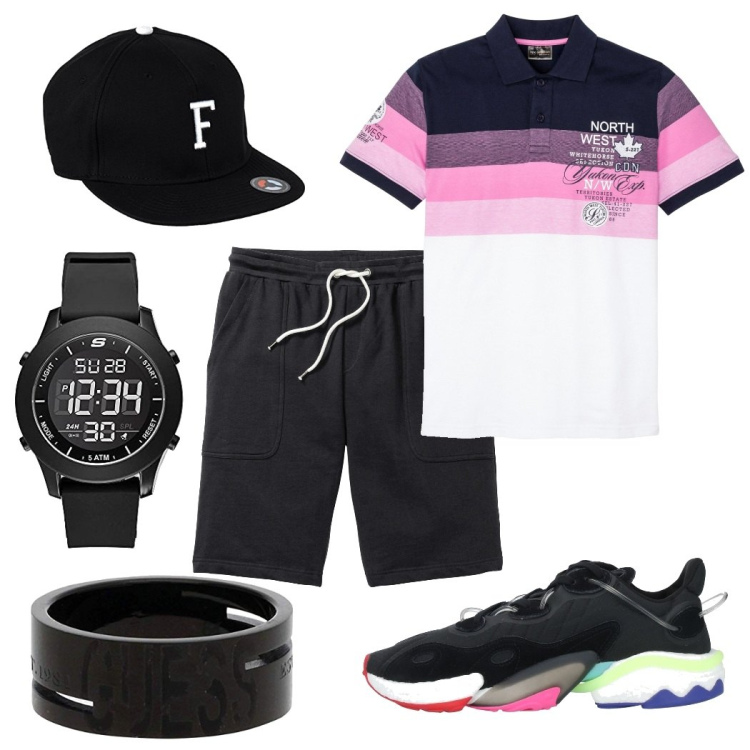 Outfit uomo - Apericena in barca. Stile Casual per Mare. Abbinamento con sneakers, polo, bermuda, borse sportive, anelli, cappelli con visiera.