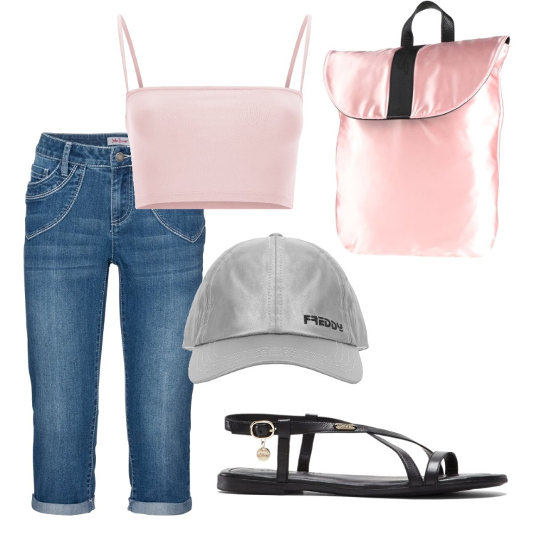 Outfit donna - Ripetizioni di storia. Stile Casual per Scuola/Università. Abbinamento con jeans dritti, sandali in pelle, zaini, cappelli con visiera, top.