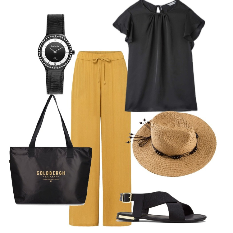 Outfit donna - Pantalone mia passione. Stile Casual chic per Tutti i giorni. Abbinamento con sandali, pantaloni a palazzo, cappelli, camicie a manica corta, orologi, shopping bag.
