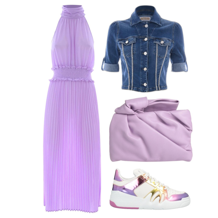 Outfit donna - Giornata lilla. Stile Glamour per Tutti i giorni. Abbinamento con borse a mano, sneakers, vestiti lunghi, giacche.