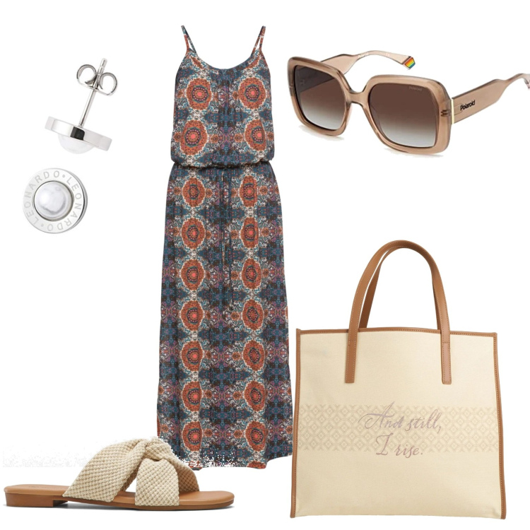 Outfit donna - Etnico chic. Stile Etnico per Tutti i giorni. Abbinamento con vestiti lunghi, ciabatte, borse a mano, orecchini, occhiali da sole.