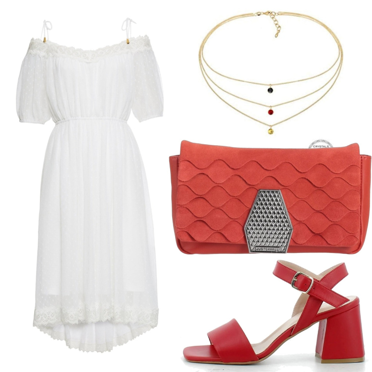 Outfit donna - Serata estiva. Stile Romantica per Serata fuori. Abbinamento con vestiti, borse a mano, sandali in pelle, collane.