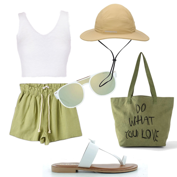Outfit donna - Turista. Stile Trendy per Tutti i giorni. Abbinamento con shopping bag, shorts, top, sandali in pelle, occhiali da sole, cappelli.