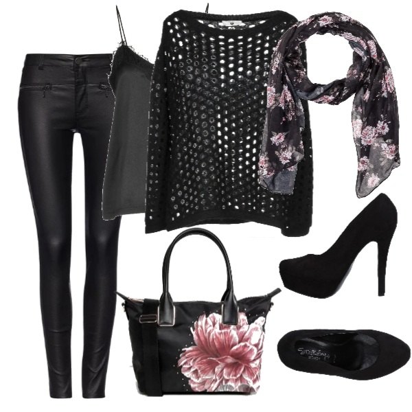 Outfit donna - Sexy #2916. Stile Sexy Abbinamento con reggiseni, mantella lavorato a maglia collo tondo a maniche lunghe interno sfoderato tinta unita, décolleté effetto scamosciato con punta tonda tinta unita, maglia in raso, pantaloni effetto acetato vita bassa con zip in denim elasticizzato nero, vestito fantasia floreale con borchie e zip vivace.
