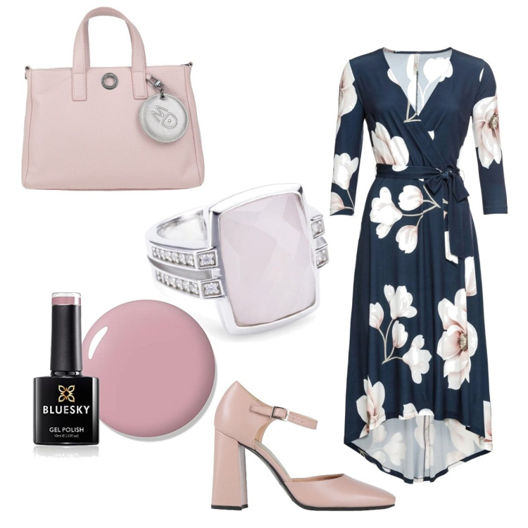 Outfit donna - Rosa non confetto. Stile Glamour per Serata fuori. Abbinamento con vestiti lunghi, borse a mano, décolleté, anelli, smalti.