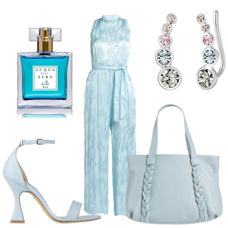Outfit donna - Invitata in celeste polvere. Stile Glamour per Cerimonia. Abbinamento con sandali in pelle, tute, borse a mano, orecchini, profumi.