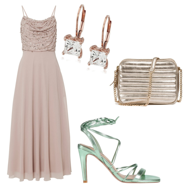 Outfit femme - Un Mariage. Style Casual chic pour Cérémonie. Assortir avec robes longues, boucles d'oreilles, sacs à l'épaule, spartiates.