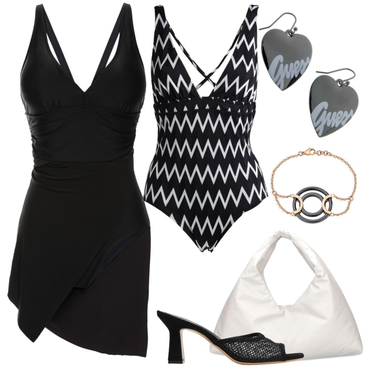 Outfit donna - Curvy chic, a bordo piscina. Stile Chic per Mare. Abbinamento con vestiti da spiaggia, costumi interi, sandali col tacco, orecchini, borse a spalla, braccialetti.