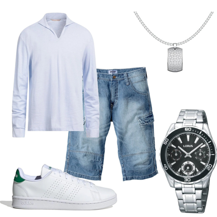 Outfit uomo - Cena estiva da amici. Stile Trendy per Tutti i giorni. Abbinamento con bermuda, polo, sneakers, collane, orologi.