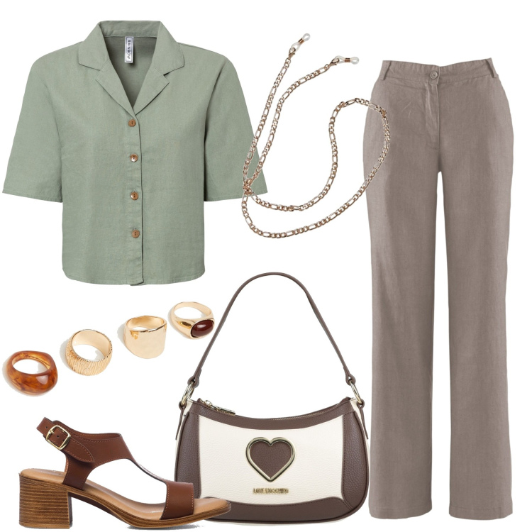 Outfit donna - Estate in ufficio. Stile Chic per Ufficio. Abbinamento con pantaloni, camicie, borse a mano, anelli, sandali in pelle, collane.