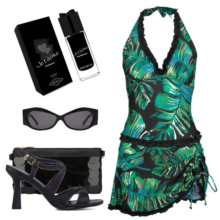 Outfit donna - Total look #1656866. Stile Rock per Mare. Abbinamento con vestiti da spiaggia, pochette, sandali gioiello, profumi, occhiali da sole.