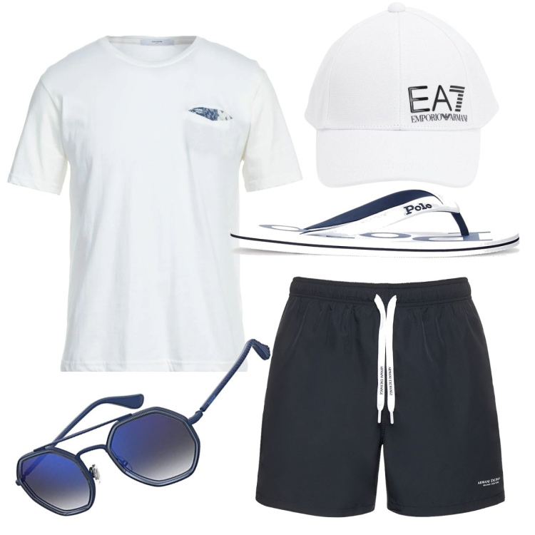 Outfit uomo - Oggi mare. Stile Casual per Mare. Abbinamento con t-shirt, sandali, occhiali da sole, shorts, cappelli.