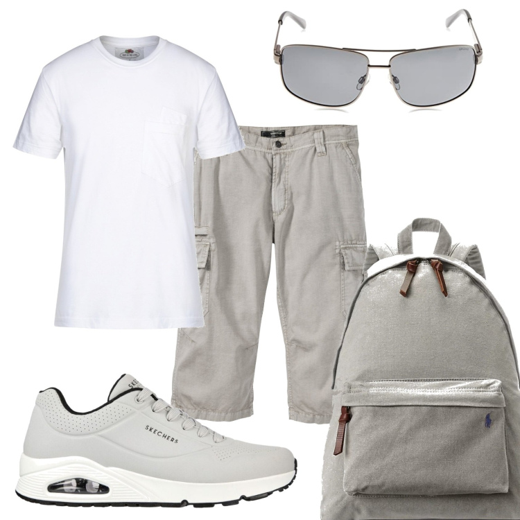Outfit uomo - In giro per la città. Stile Trendy per Tutti i giorni. Abbinamento con bermuda, t-shirt, borse sportive, sneakers, occhiali da sole.