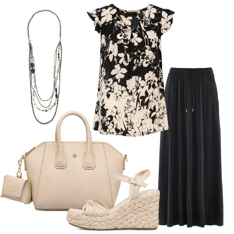 Outfit donna - Perfetta in ufficio casual chic. Stile Casual chic per Ufficio. Abbinamento con gonne, camicie, collane, sandali col tacco, borse a mano.