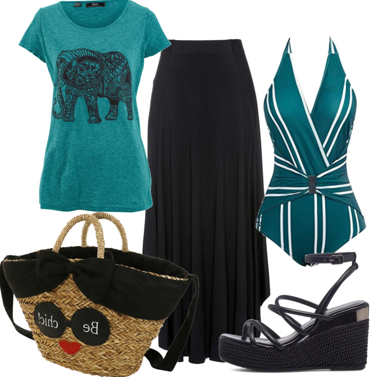 Outfit donna - Total look #1656906. Stile Casual per Tutti i giorni. Abbinamento con gonne, t-shirt, sandali in pelle, costumi interi, borse a secchiello.