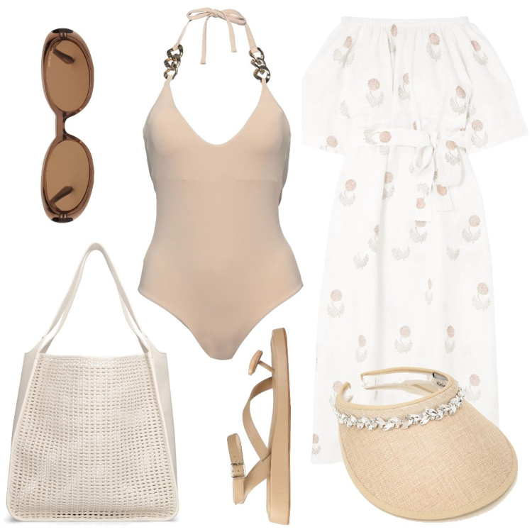 Outfit donna - Total look #1656926. Stile Chic per Mare. Abbinamento con infradito, vestiti da spiaggia, costumi interi, cappelli con visiera, occhiali da sole, shopping bag.