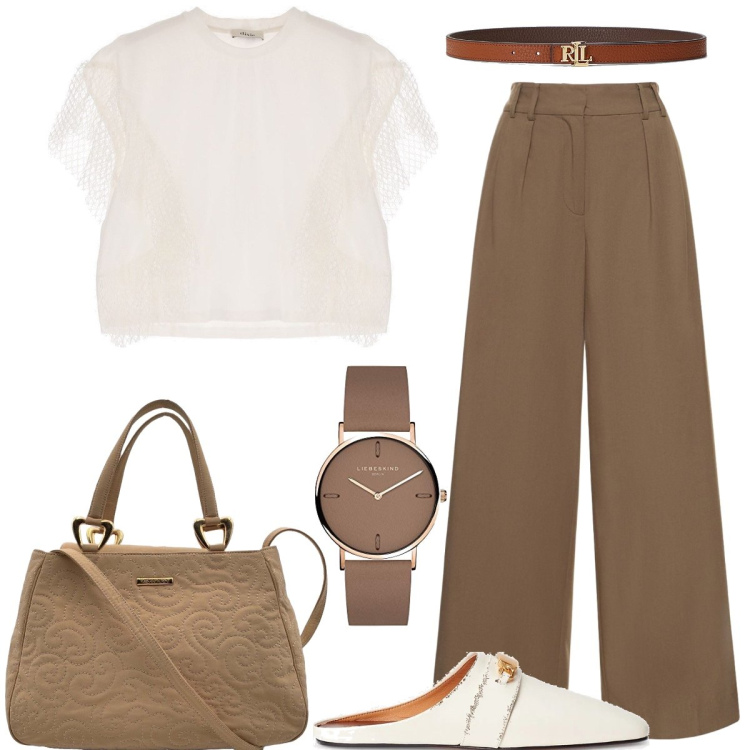 Outfit donna - Total look #1656928. Stile Casual chic per Ufficio. Abbinamento con borse a mano, t-shirt, cinture, sabot, pantaloni, orologi analogici.