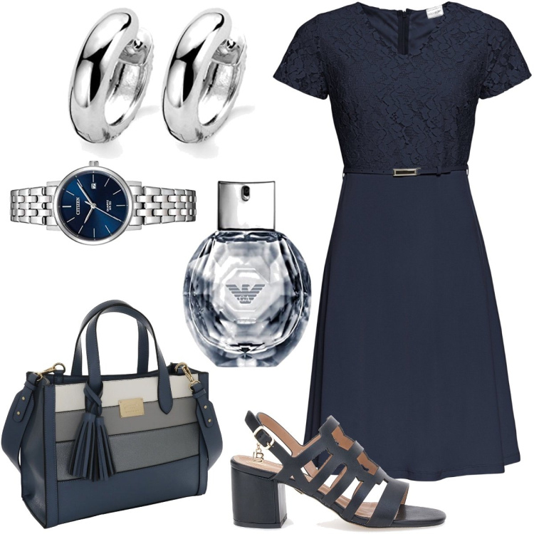 Outfit donna - Total look #1656934. Stile Chic per Ufficio. Abbinamento con vestiti corti, sandali alla schiava, borse a mano, orologi, profumi, orecchini.