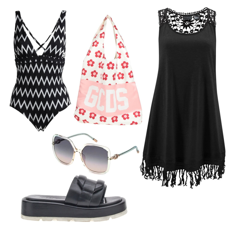 Outfit donna - Curvy in piscina. Stile Basic per Mare. Abbinamento con vestiti da spiaggia, costumi interi, borse a spalla, occhiali da sole, ciabatte.