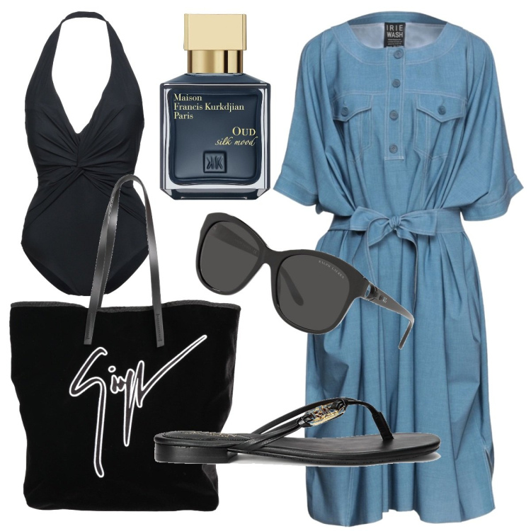 Outfit donna - Total look #1657049. Stile Chic per Mare. Abbinamento con vestiti midi/longuette, costumi interi, borse a mano, occhiali da sole, infradito, profumi.