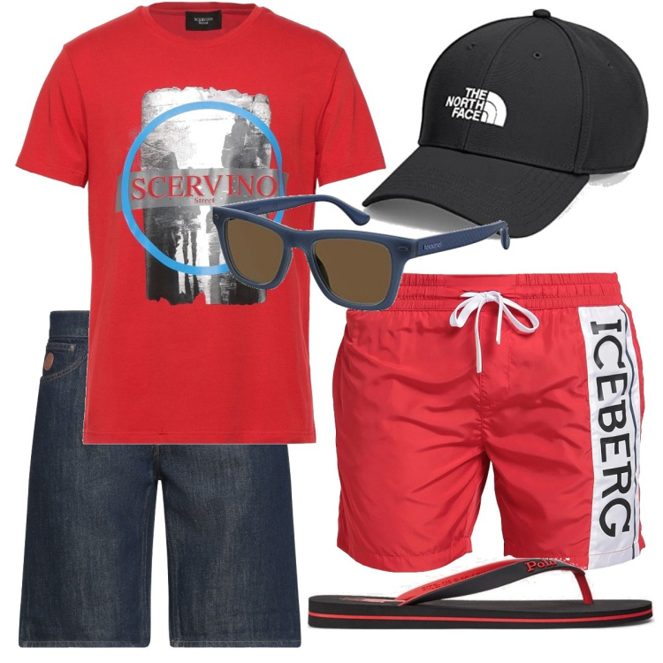 Outfit uomo - Total look #1657073. Stile Trendy per Mare. Abbinamento con costumi, shorts, t-shirt, sandali, occhiali da sole, cappelli.