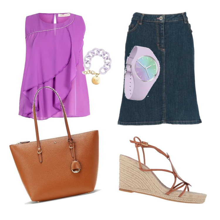 Outfit donna - Lavorando d\'estate. Stile Casual chic per Ufficio. Abbinamento con espadrillas, gonne longuette, top, borse tote, braccialetti.