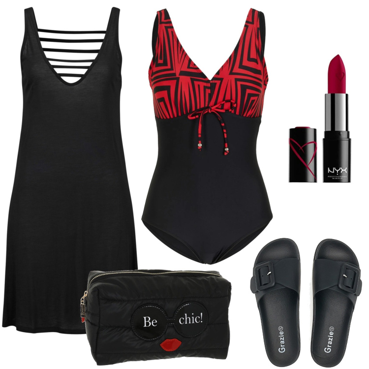 Outfit donna - Total look #1657159. Stile Sporty chic per Mare. Abbinamento con vestiti da spiaggia, costumi interi, ciabatte, pochette, rossetti.