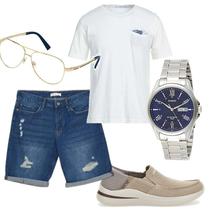 Outfit uomo - #summer. Stile Casual per Tutti i giorni. Abbinamento con bermuda, t-shirt, sneakers, occhiali da sole, orologi.
