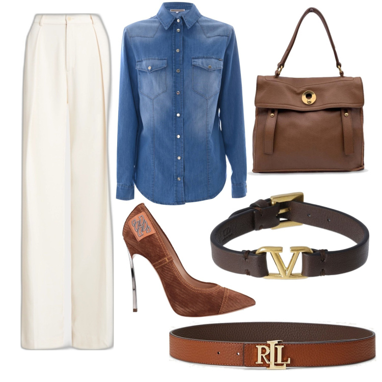 Outfit donna - Lavoro. Stile Urban per Tutti i giorni. Abbinamento con décolleté, borse a mano, cinture, pantaloni, camicie, braccialetti.