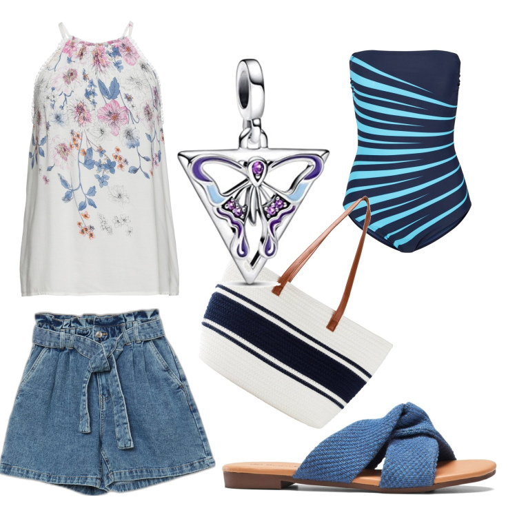 Outfit donna - In vacanza con stile curvy. Stile Casual chic per Mare. Abbinamento con costumi interi, top, ciabatte, shopping bag, shorts, collane.