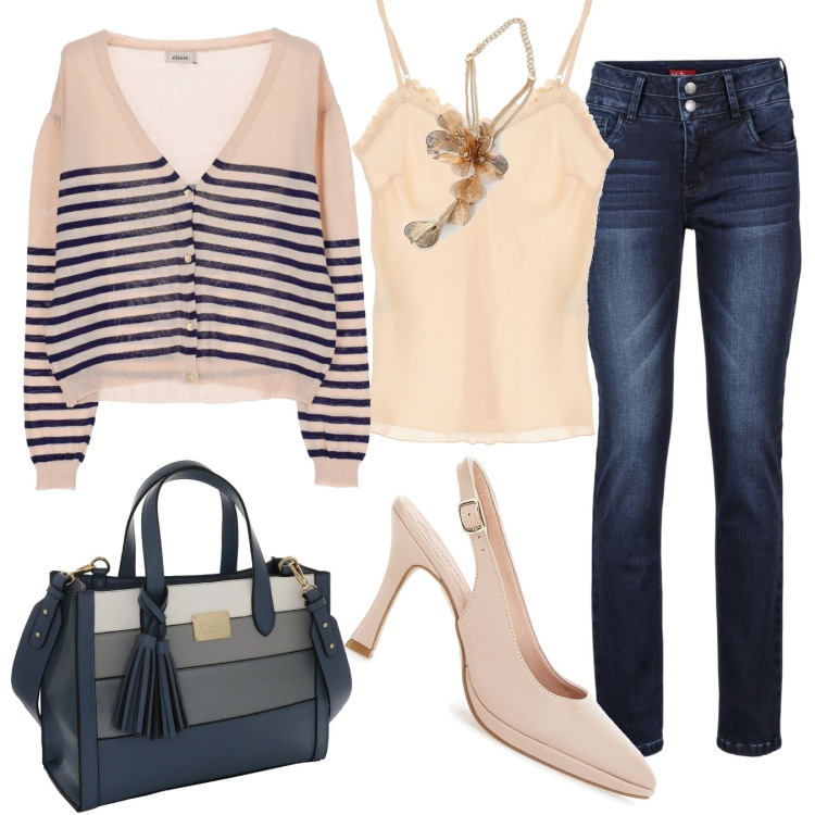 Outfit donna - Estate in città. Stile Casual chic per Tutti i giorni. Abbinamento con jeans, canottiere, collane, cardigans, décolleté, borse a mano.