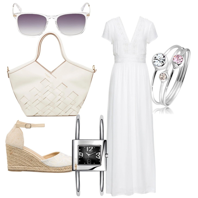 Outfit donna - Lavoro d\'estate. Stile Basic per Ufficio. Abbinamento con vestiti lunghi, borse a spalla, espadrillas, braccialetti, anelli, occhiali da sole.