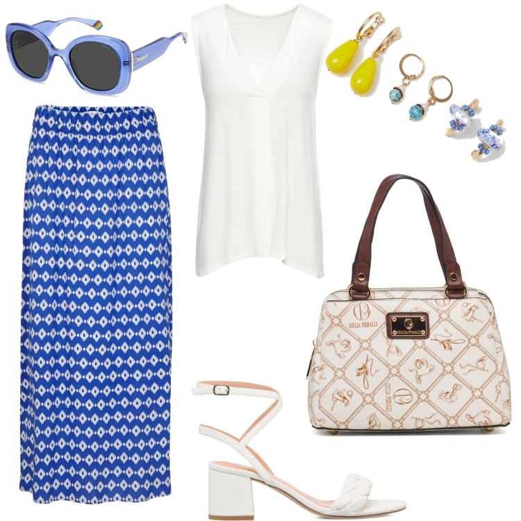 Outfit donna - A lavoro in estate. Stile Bon Ton per Tutti i giorni. Abbinamento con top, gonne lunghe, orecchini, sandali in pelle, borse a mano, occhiali da sole.