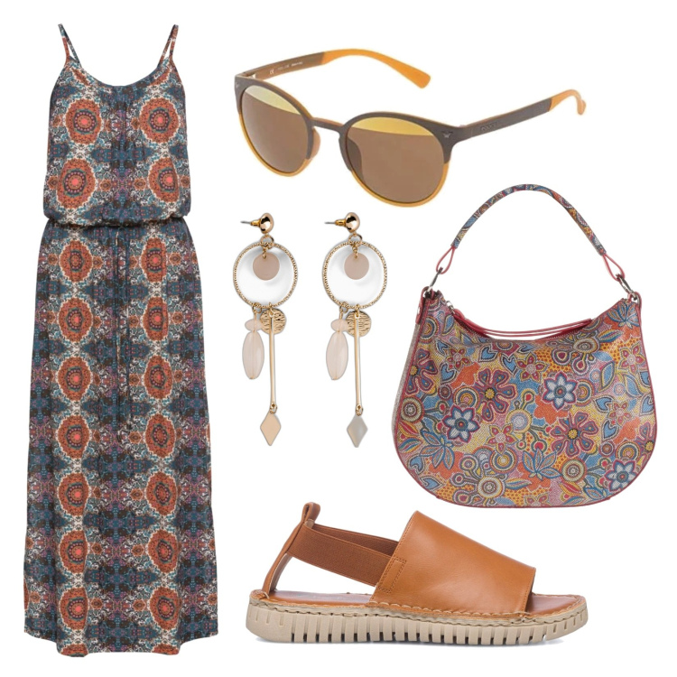 Outfit donna - Marone fantasia. Stile Casual chic per Tutti i giorni. Abbinamento con vestiti lunghi, orecchini, borse a mano, sandali in pelle, occhiali da sole.