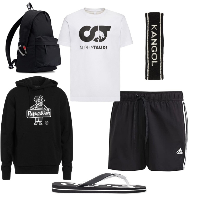Outfit uomo - Da mattina a sera REFRIGIWEAR. Stile Urban per Tutti i giorni. Abbinamento con felpe con cappuccio, sandali, bermuda, t-shirt, costumi, borse sportive.