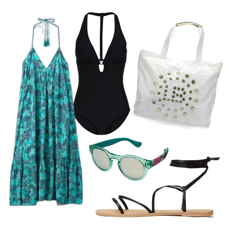 Outfit donna - Scendo in spiaggia. Stile Basic per Mare. Abbinamento con costumi interi, vestiti lunghi, sandali alla schiava, occhiali da sole, borse a spalla.